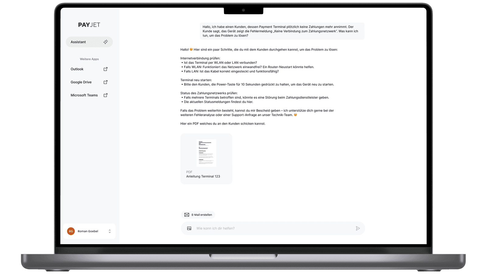 PAYJET Wiki Assistant auf einem Laptop
